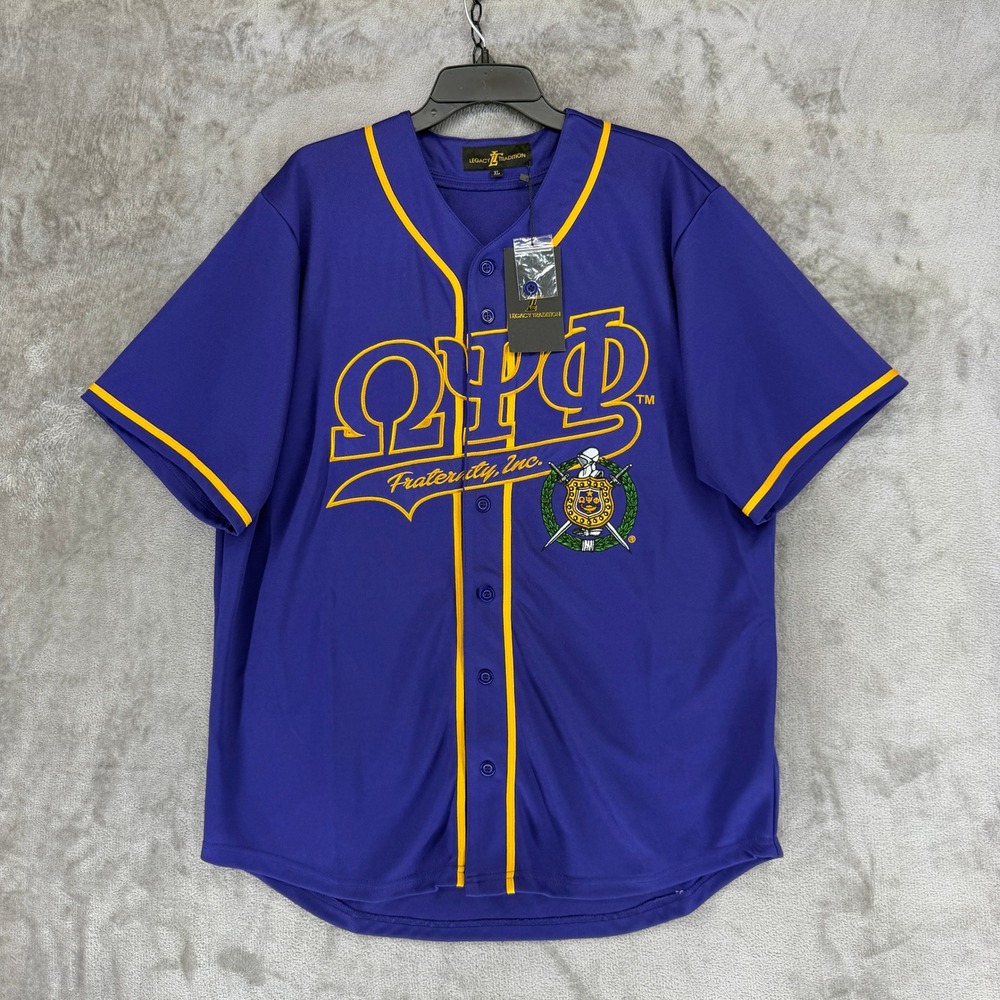 Omega Psi Phi Baseball Jersey Mens XL Purple Gold Legacy Tradition NEW